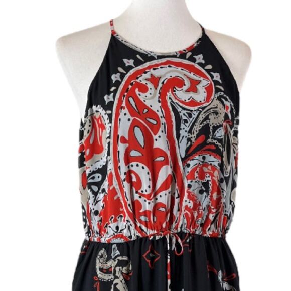 LOFT Midi Dress Halter Neck Blouson Tie Waist Chiffon Black Red Women’s Large - Picture 5 of 10